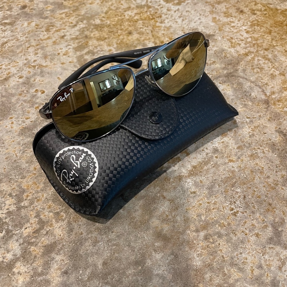 Ray Ban Polarized Gunmetal Aviator Sunglasses- Gold lens 58mm